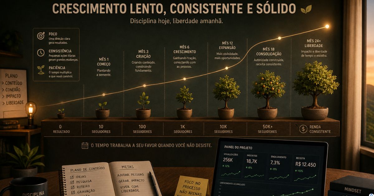Representação visual de crescimento lento e consistente de um projeto digital ao longo do tempo