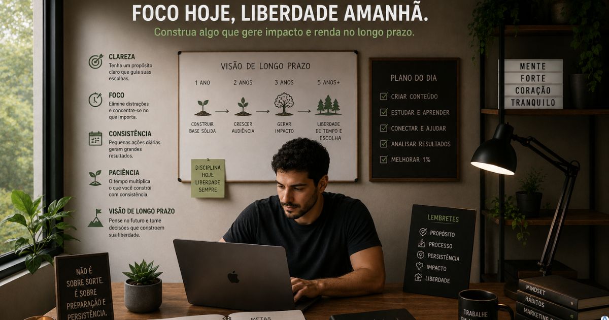Criador trabalhando com calma, clareza e visão de longo prazo em ambiente organizado
