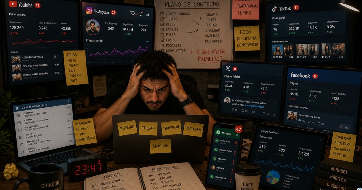 Criador tentando administrar v�rias plataformas digitais ao mesmo tempo enquanto enfrenta sobrecarga no marketing digital
