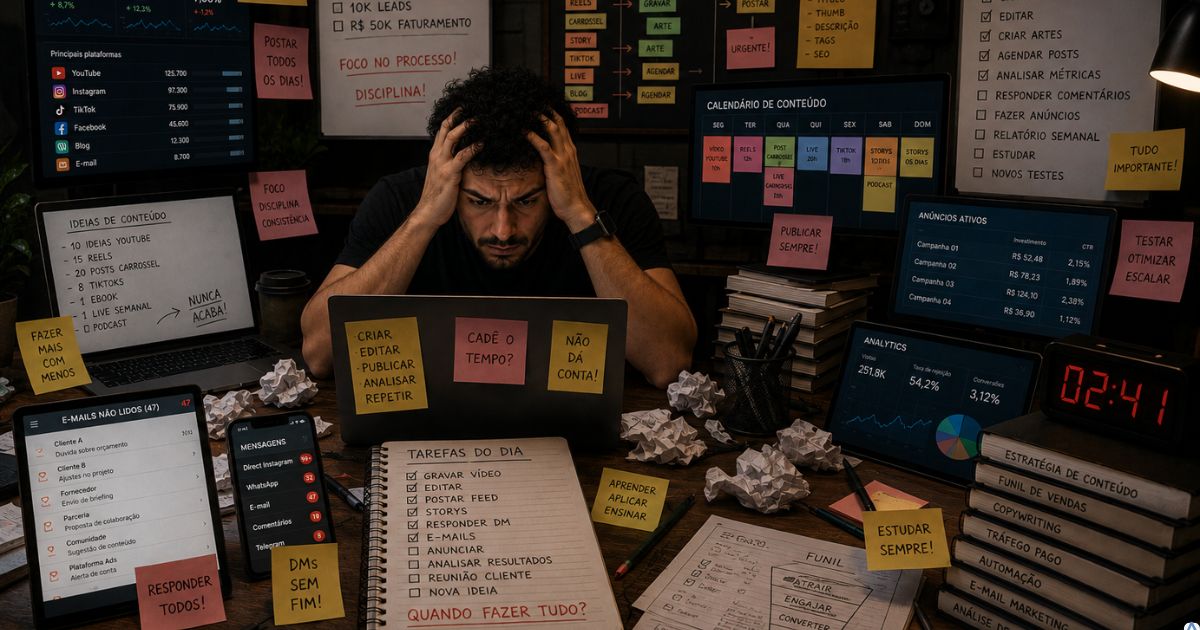 Pessoa cercada por telas, listas e tarefas acumuladas no marketing digital