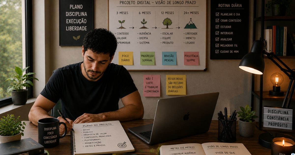 Criador planejando projeto digital de longo prazo em ambiente organizado e realista enquanto estrutura crescimento sustent�vel