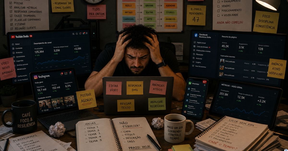 Pessoa sobrecarregada tentando administrar excesso de tarefas e plataformas digitais