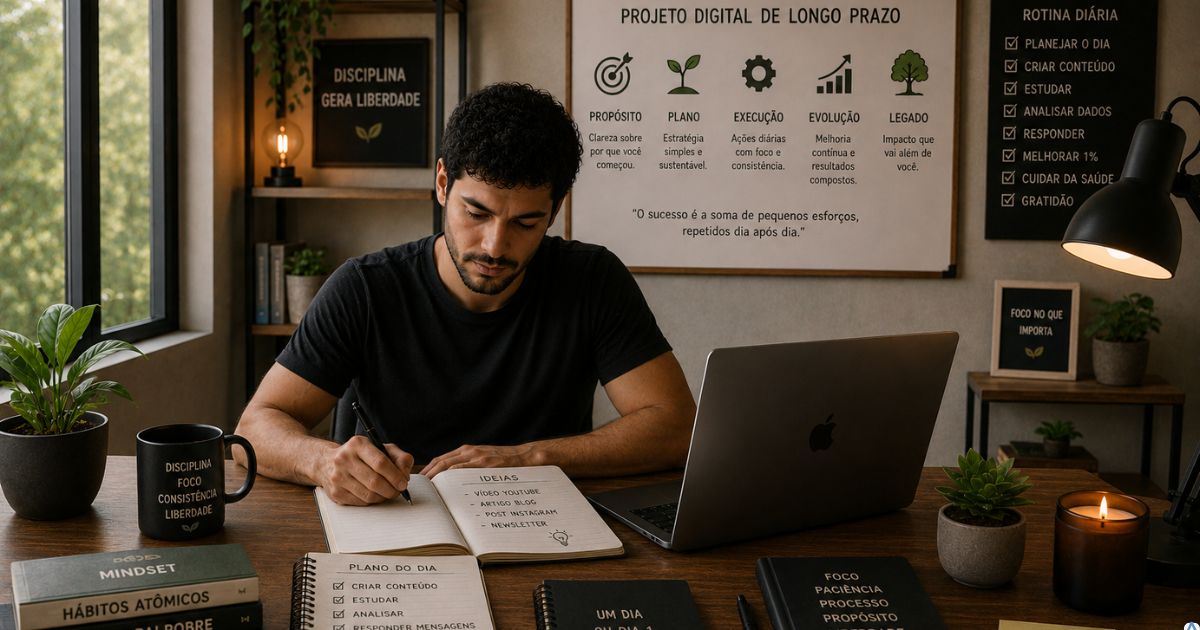 Criador trabalhando com calma e consist�ncia em projeto digital s�lido de longo prazo