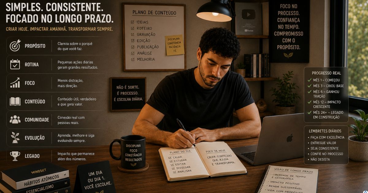 Criador trabalhando de forma simples, consistente e focada no longo prazo