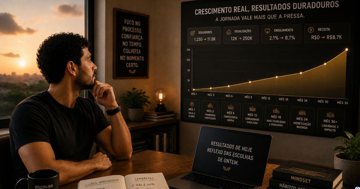 Criador analisando crescimento gradual de projeto digital no notebook com express�o reflexiva, representando constru��o de ativos digitais sustent�veis e crescimento no longo prazo.