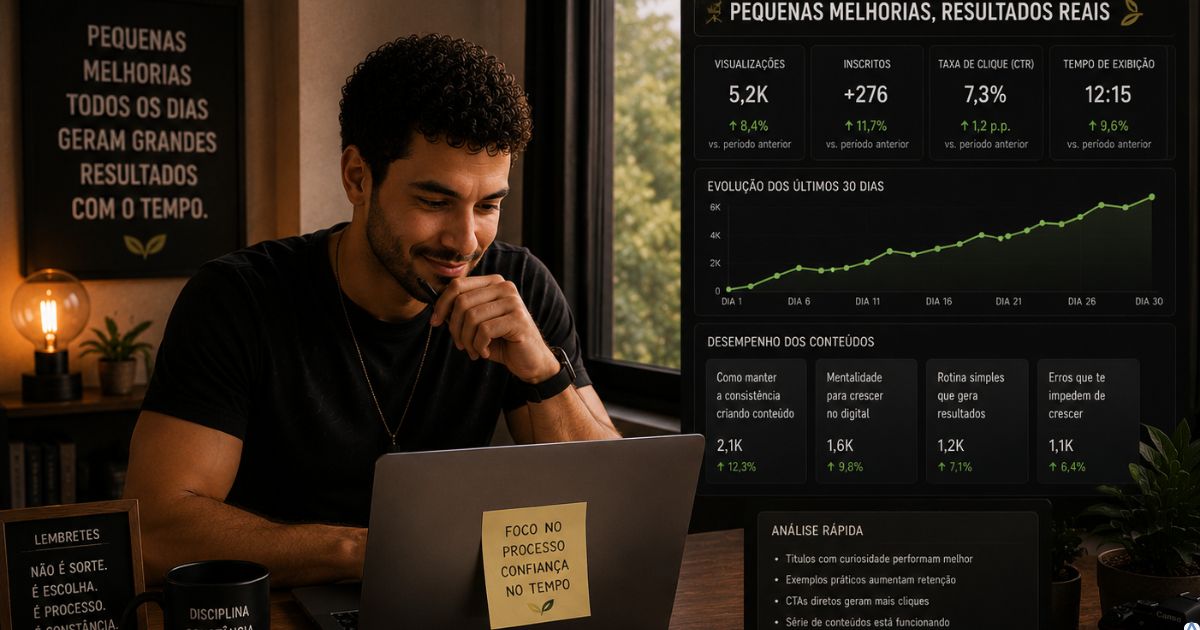 Pessoa analisando pequenas melhorias em conte�dos e m�tricas de forma positiva