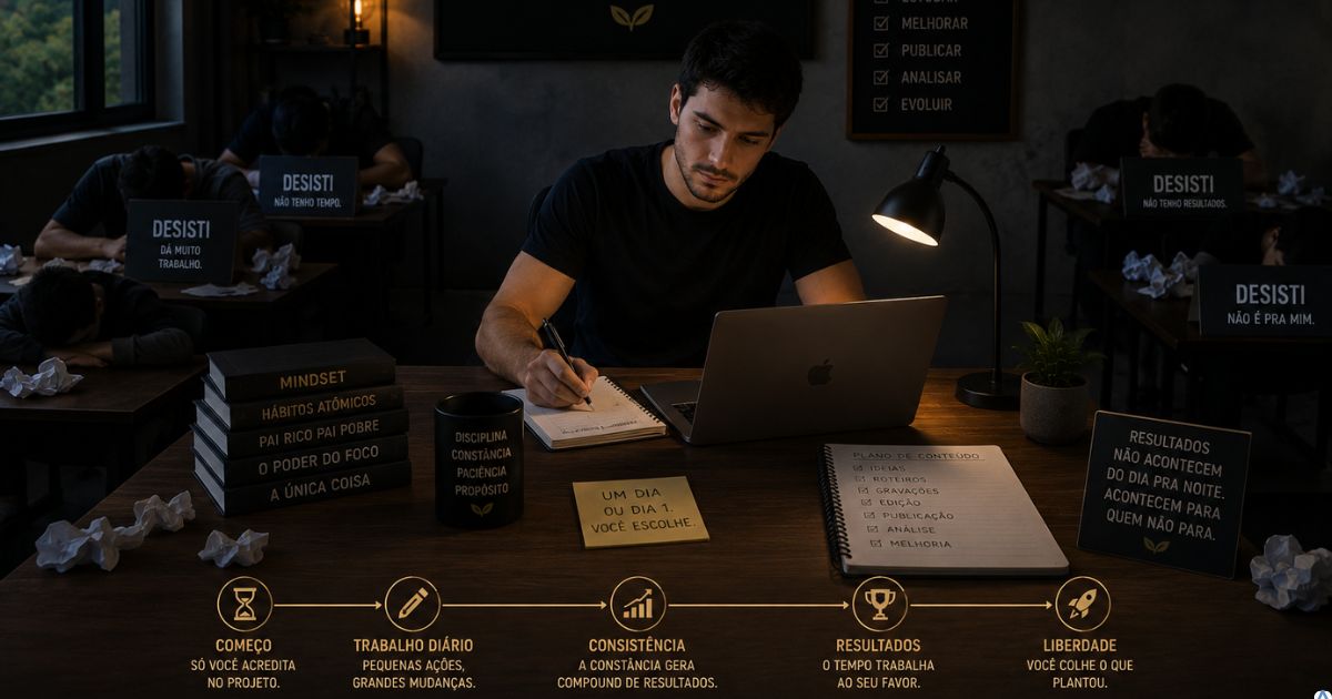 Pequeno criador de conteúdo trabalhando sozinho em projeto digital enquanto outras pessoas desistem ao redor, representando consistência e continuidade no marketing digital.