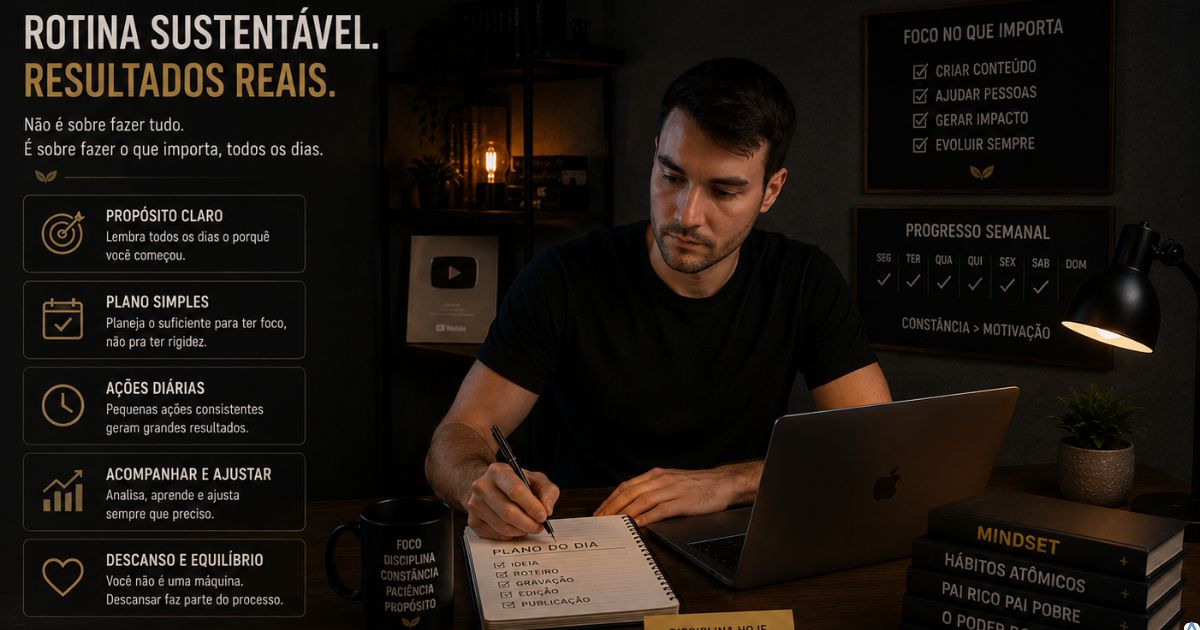 Criador de conte�do tentando manter uma rotina sustent�vel de produ��o digital no notebook em ambiente organizado e minimalista