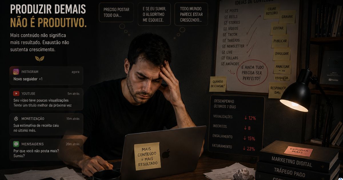 Pessoa sobrecarregada tentando produzir conte�do em excesso no marketing digital
