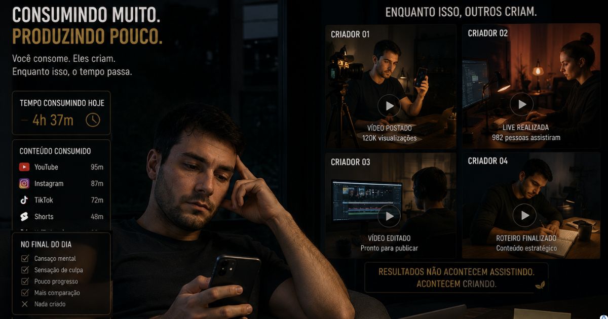 Pessoa consumindo muito conteúdo digital enquanto observa outros criadores produzindo conteúdo no computador e celular