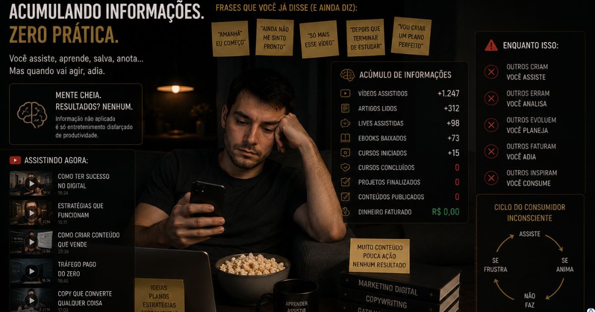 Usuário assistindo vídeos e acumulando informações sem colocar nada em prática