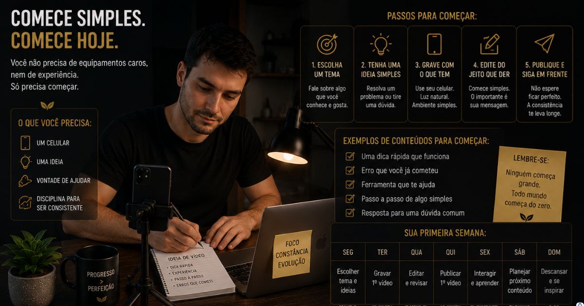 Criador iniciante começando a produzir conteúdo de forma simples e prática