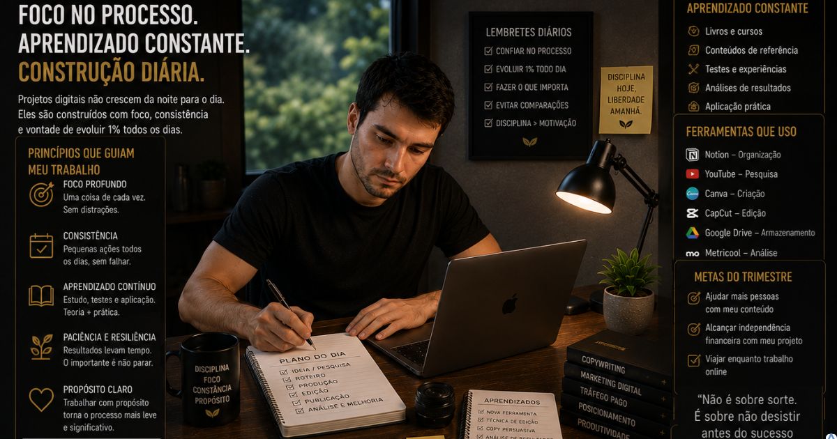 Pessoa trabalhando em projeto digital com foco, aprendizado e construção contínua