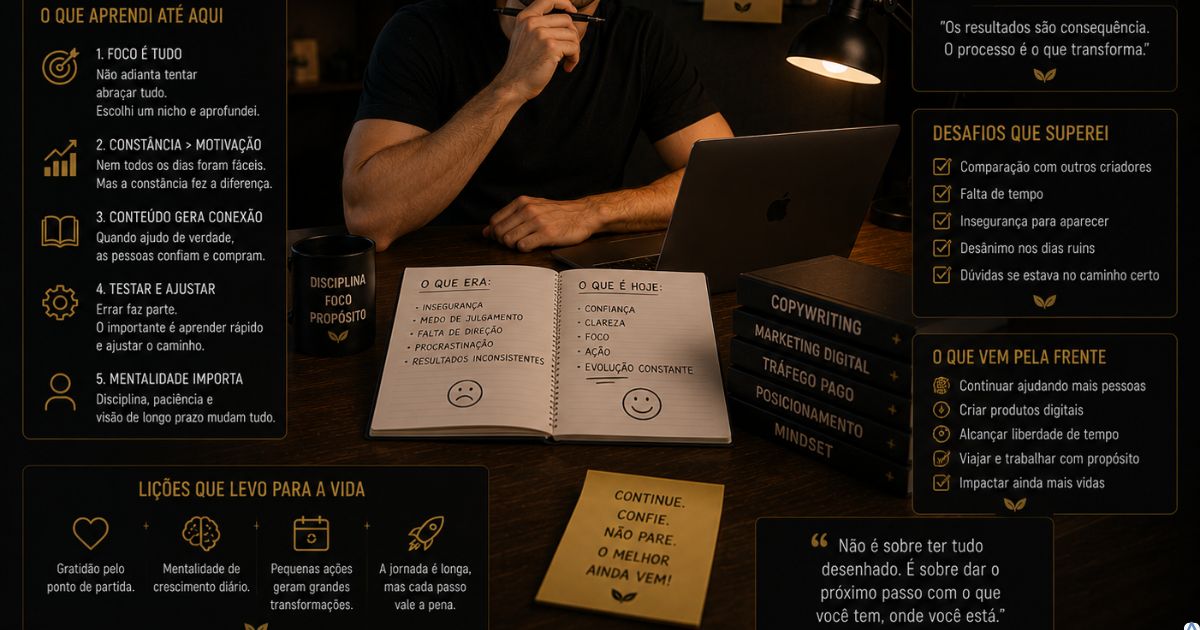 Criador refletindo sobre aprendizados e evolu��o ap�s os primeiros meses no marketing digital