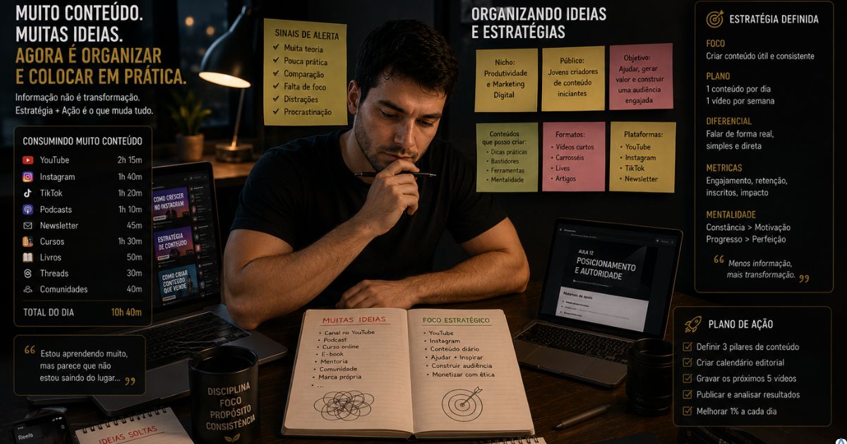 Pessoa consumindo muito conte�do digital e tentando organizar ideias e estrat�gias