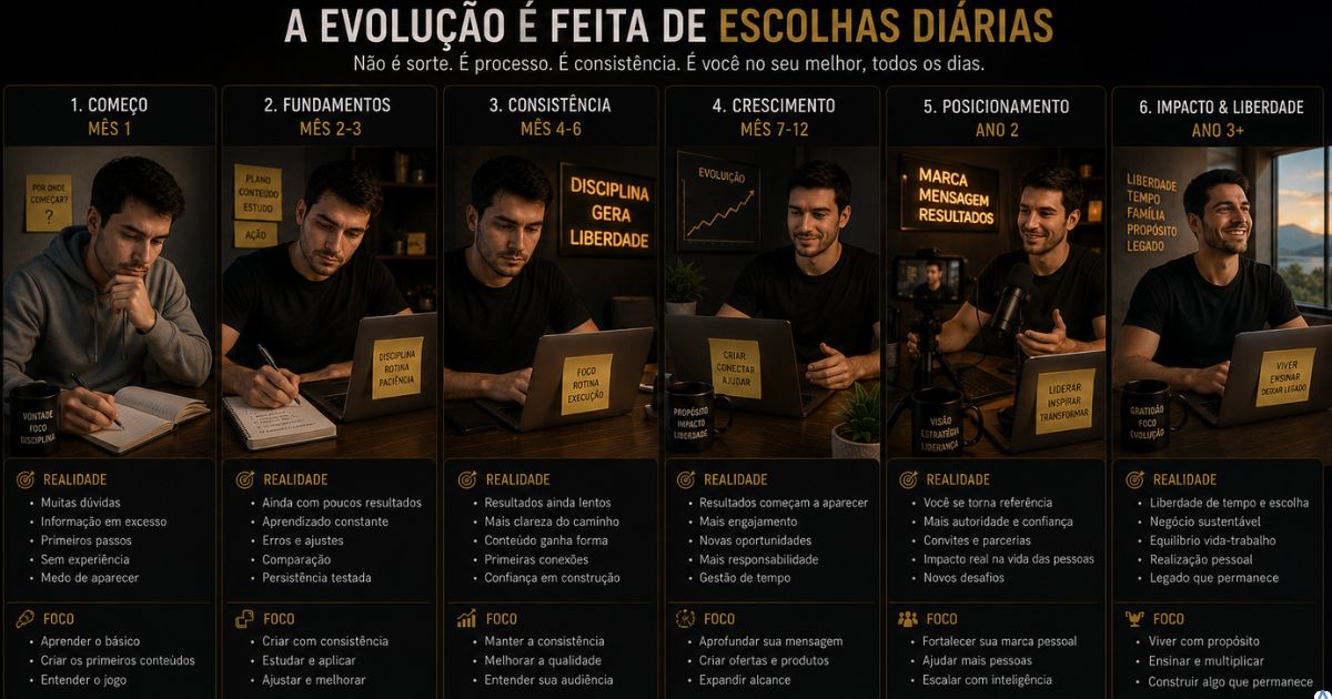Representa��o visual de evolu��o gradual de criador de conte�do ao longo do tempo