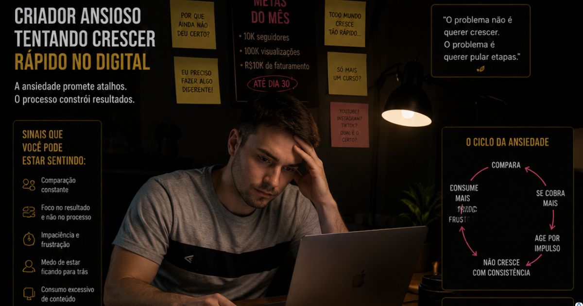 Criador de conte�do ansioso tentando crescer r�pido no marketing digital enquanto observa m�tricas no computador