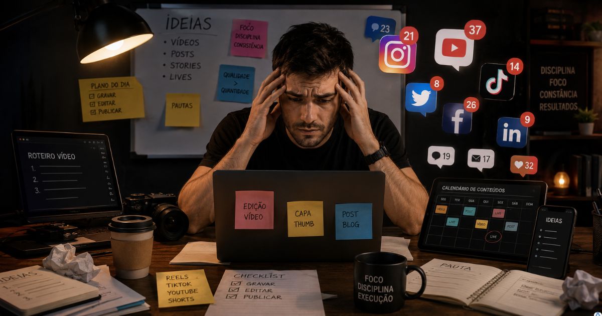Pessoa sobrecarregada tentando produzir conte�do em v�rias plataformas ao mesmo tempo