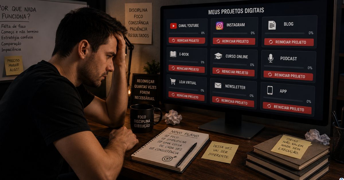 Pessoa frustrada reiniciando v�rios projetos digitais diferentes no computador enquanto tenta crescer no marketing digital
