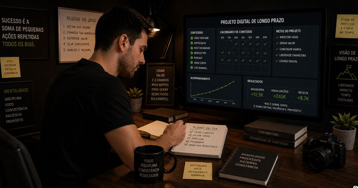 Criador trabalhando de forma consistente e organizada em projeto digital de longo prazo