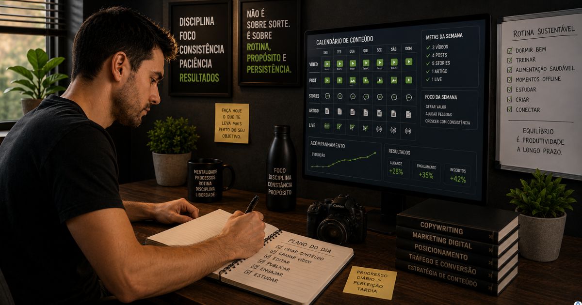 Criador de conte�do tentando manter uma rotina sustent�vel de produ��o no marketing digital, trabalhando em notebook em ambiente organizado e minimalista.
