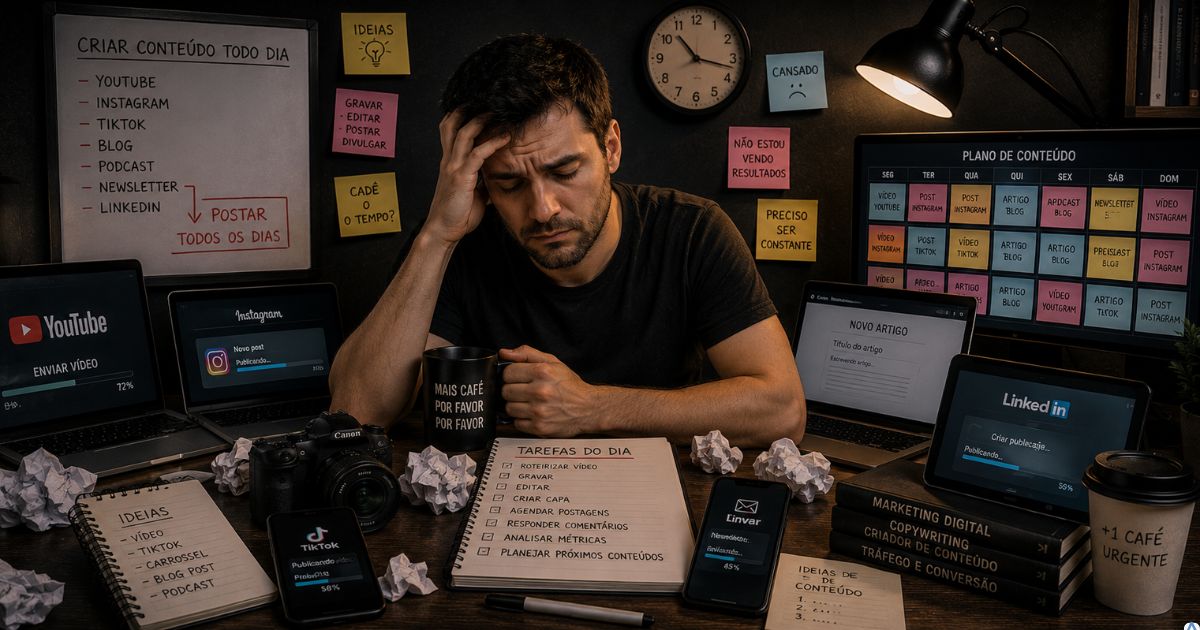 Pessoa cansada tentando produzir conte�do demais em v�rias plataformas