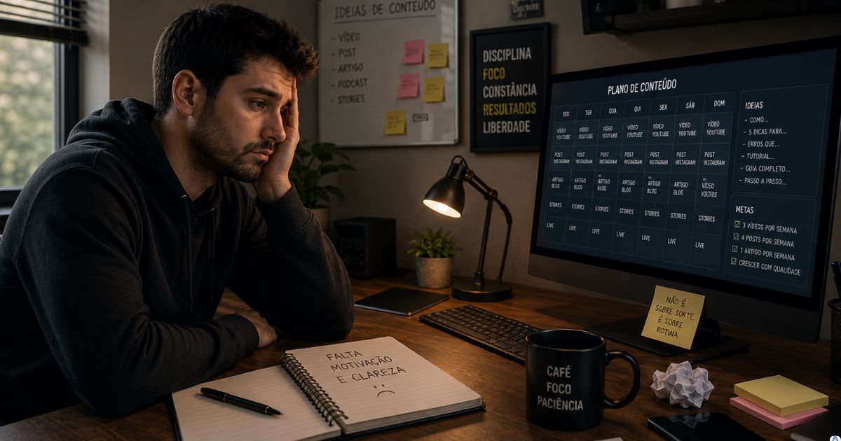 Criador de conte�do em home office olhando para o computador sem motiva��o para trabalhar, refletindo sobre consist�ncia, disciplina e produ��o de conte�do no marketing digital