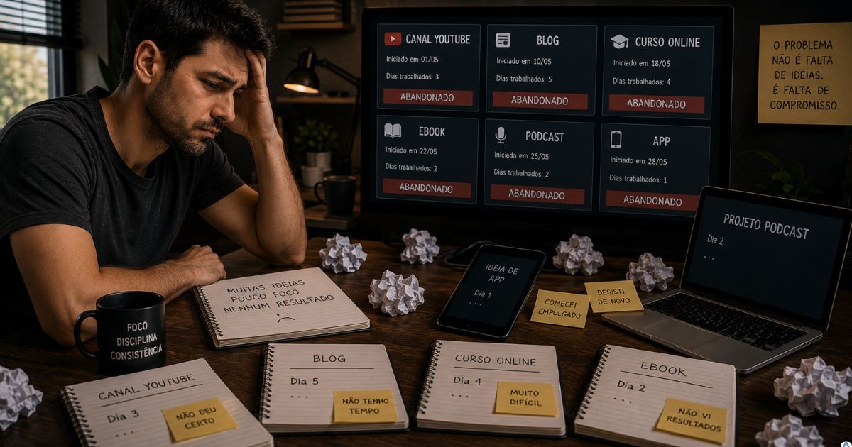 Pessoa iniciando v�rios projetos digitais diferentes e abandonando cada um ap�s poucos dias
