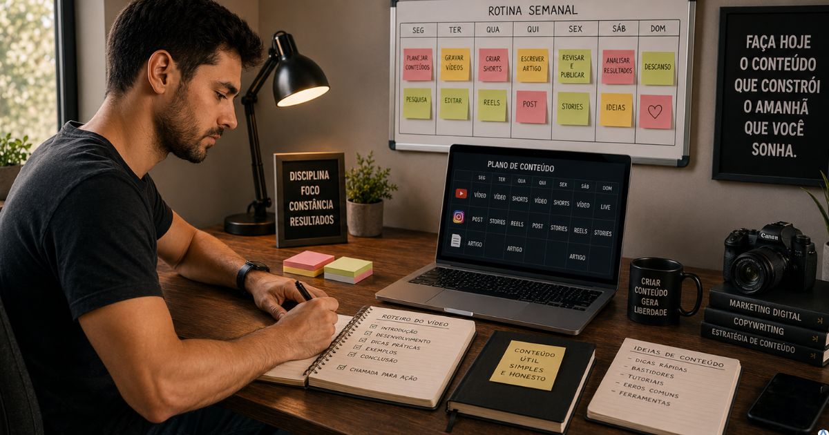 Criador produzindo conte�do de forma simples e consistente em uma rotina organizada