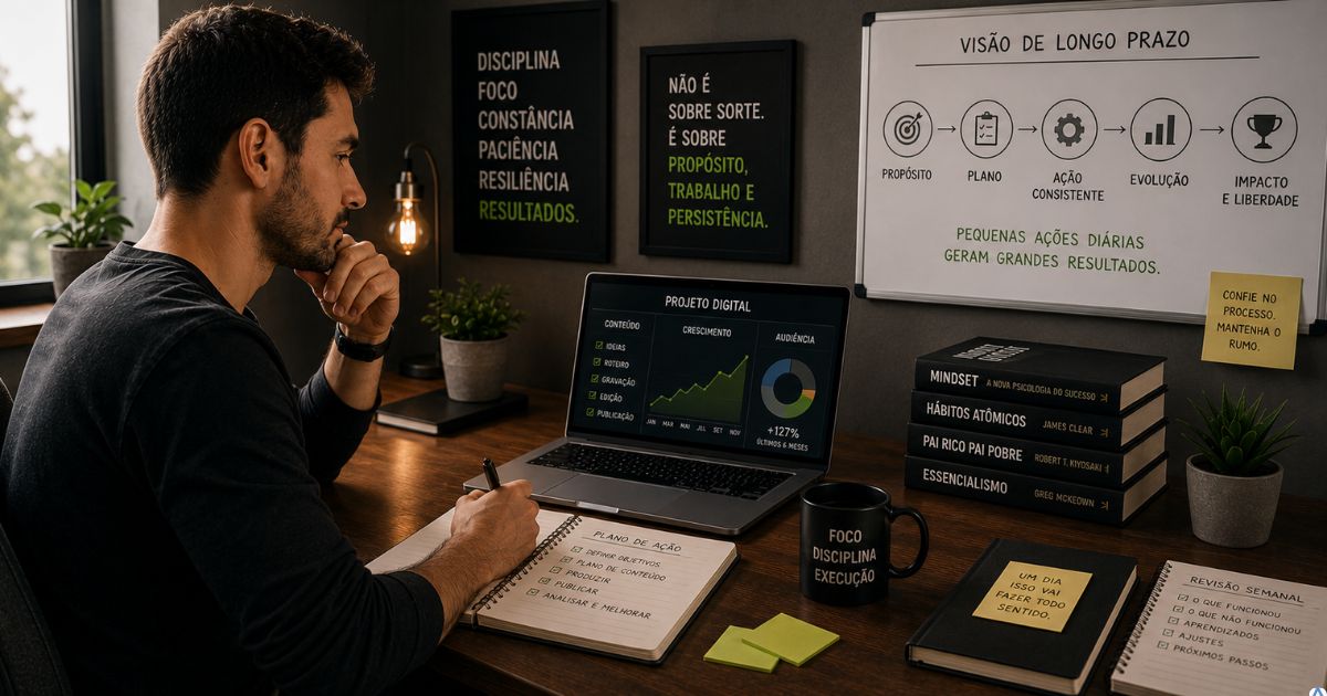 Profissional construindo projeto digital com calma, disciplina e vis�o de longo prazo