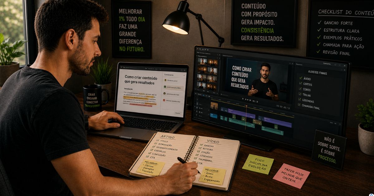 Criador de conte�do realizando pequenos ajustes em artigo e v�deo para melhorar qualidade, clareza e desempenho ao longo do tempo, representando evolu��o gradual e melhoria cont�nua no marketing digital.