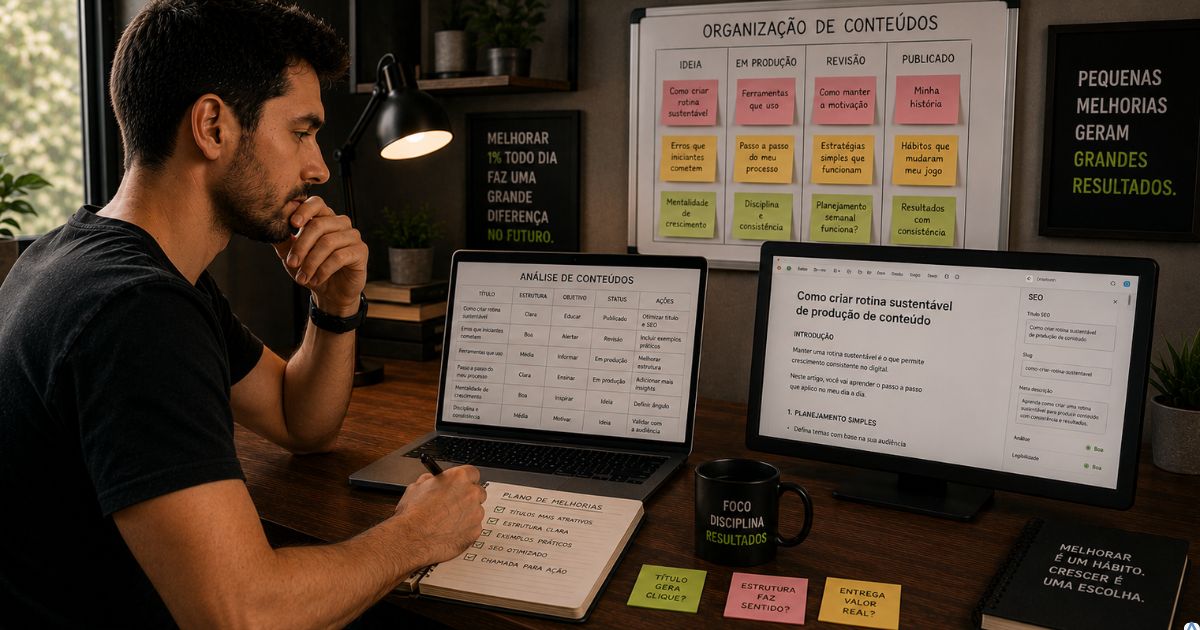 Pessoa analisando t�tulos, estrutura e organiza��o de conte�dos para fazer pequenas melhorias estrat�gicas.
