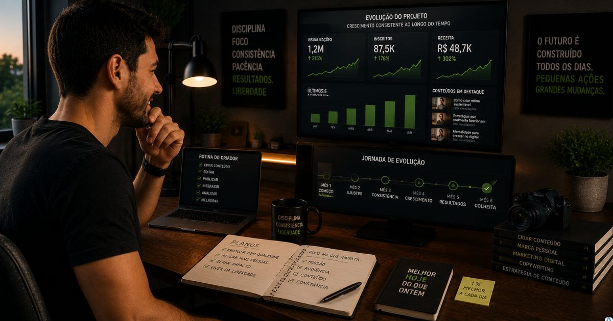 Criador satisfeito observando evolu��o do pr�prio projeto digital ap�s meses de melhorias consistentes.