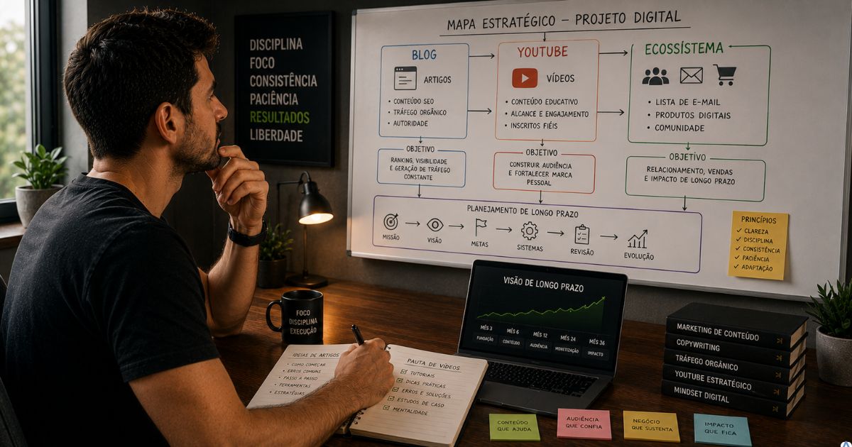 Criador de conteúdo analisando mapa estratégico de projeto digital com blog, YouTube e planejamento de longo prazo para crescimento sustentável no marketing digital