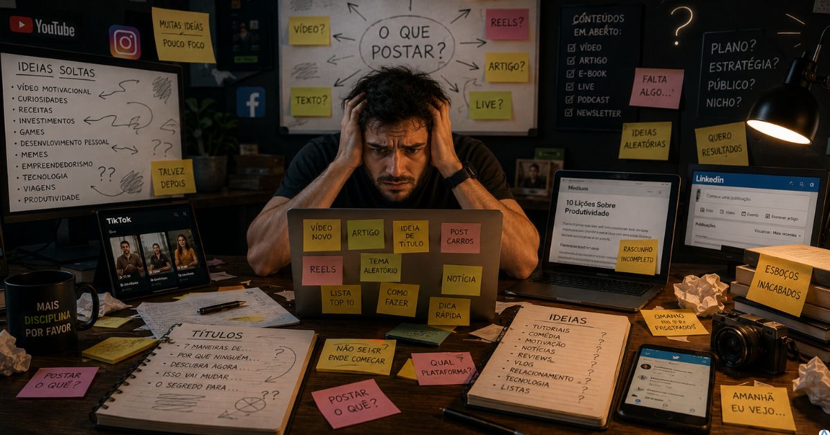 Pessoa produzindo conteúdos aleatórios em várias plataformas, cercada por ideias desconectadas e confusão