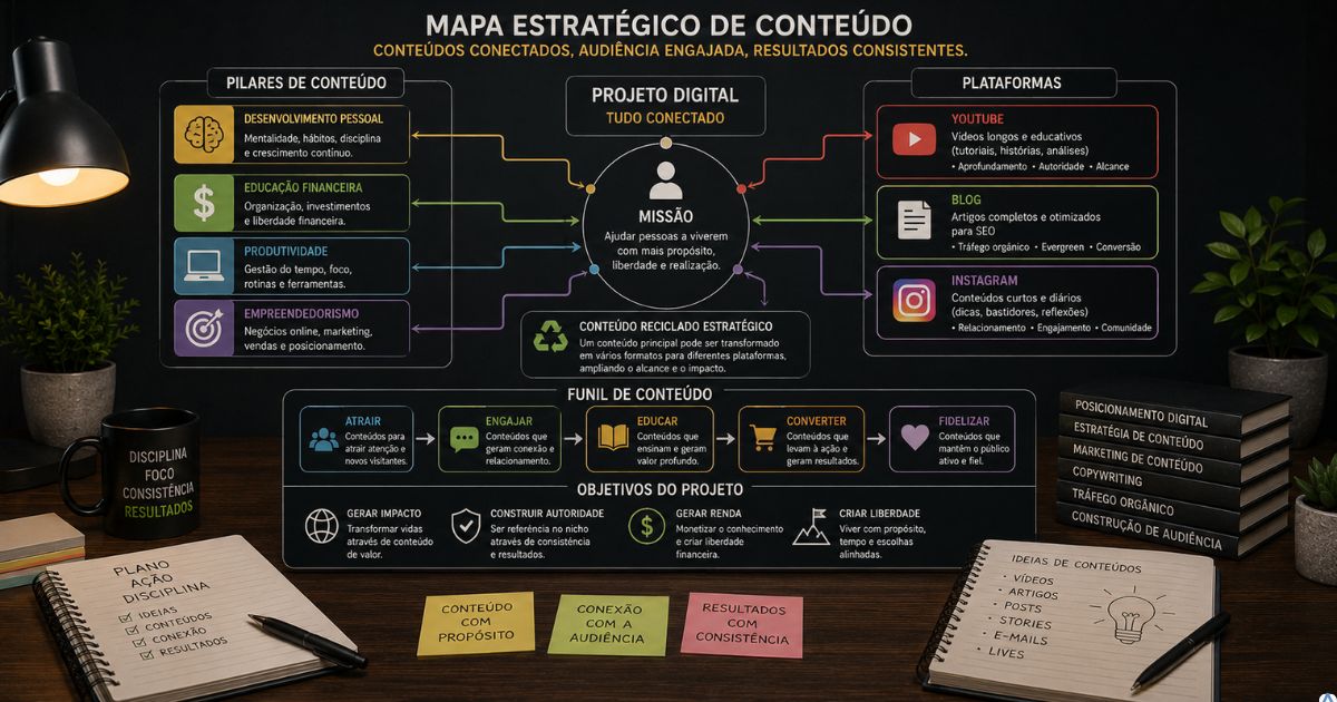Planejamento visual mostrando conteúdos conectados formando um projeto digital estruturado