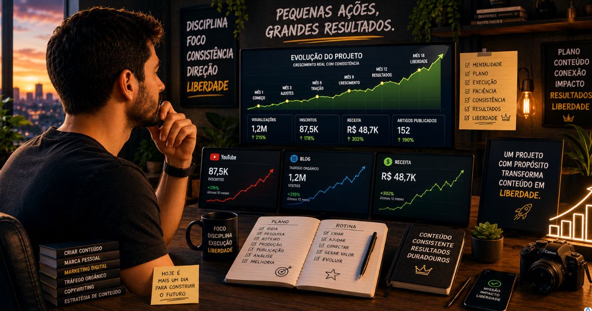 Criador observando crescimento gradual de um projeto digital construído com consistência e direção estratégica