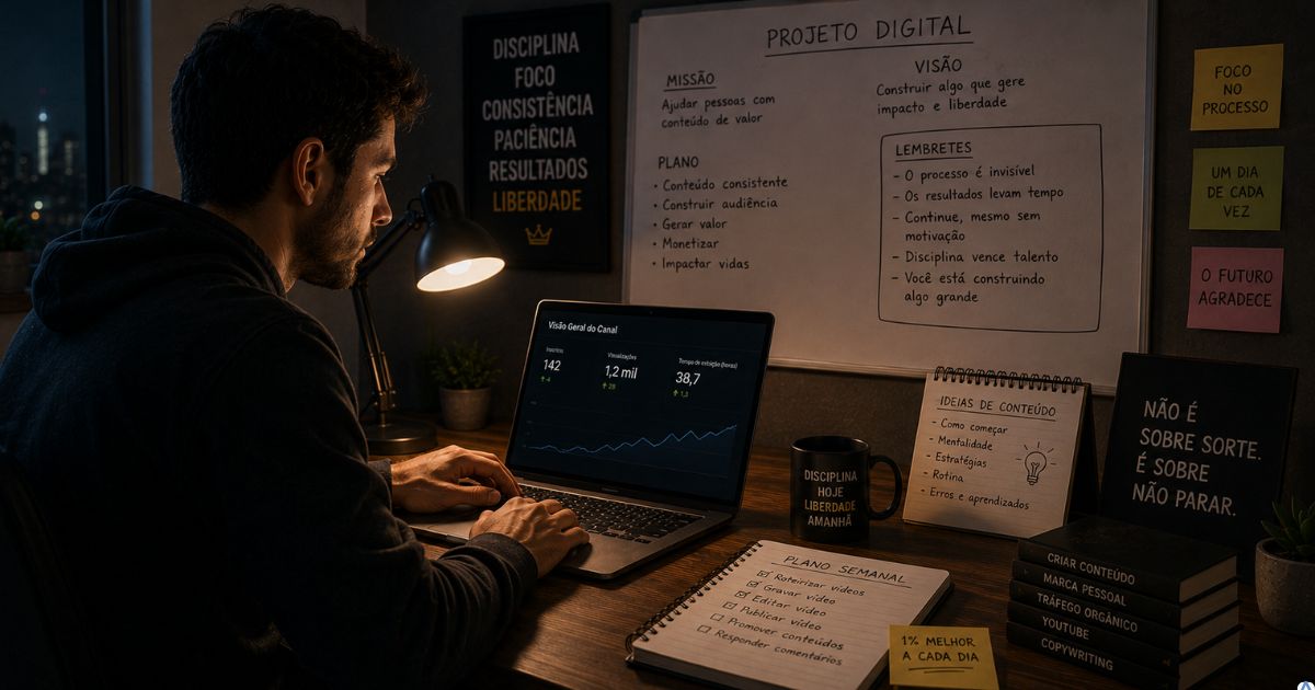Criador de conteúdo trabalhando sozinho em projeto digital mesmo com poucos resultados visíveis, demonstrando persistência e construção de longo prazo no marketing digital