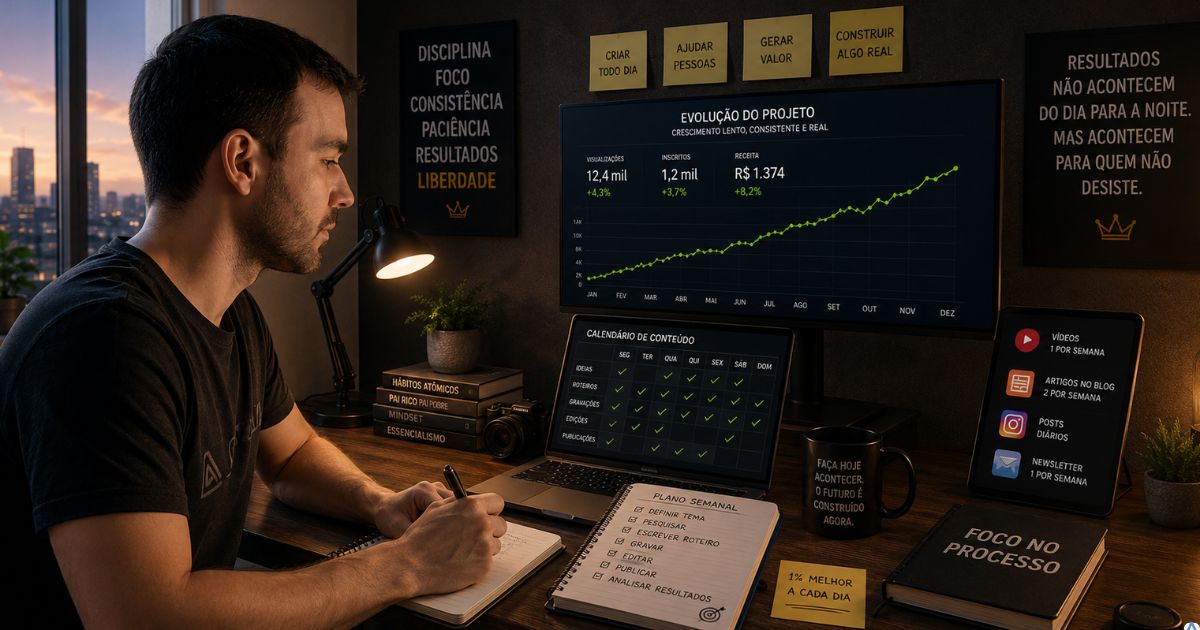 Pessoa produzindo conteúdos regularmente enquanto observa crescimento lento e gradual de um projeto digital