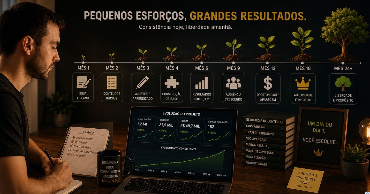Representação visual de pequenos esforços acumulados formando um projeto digital sólido ao longo do tempo