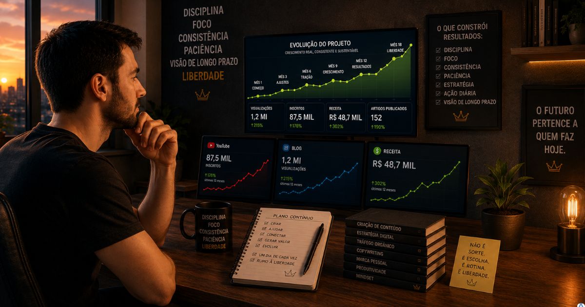 Criador satisfeito observando a evolução de um projeto construído com consistência, paciência e visão de longo prazo