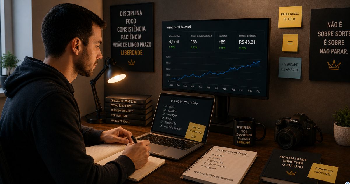 Criador de conteúdo observando estatísticas modestas enquanto mantém foco na construção de longo prazo e no crescimento sustentável do projeto digital