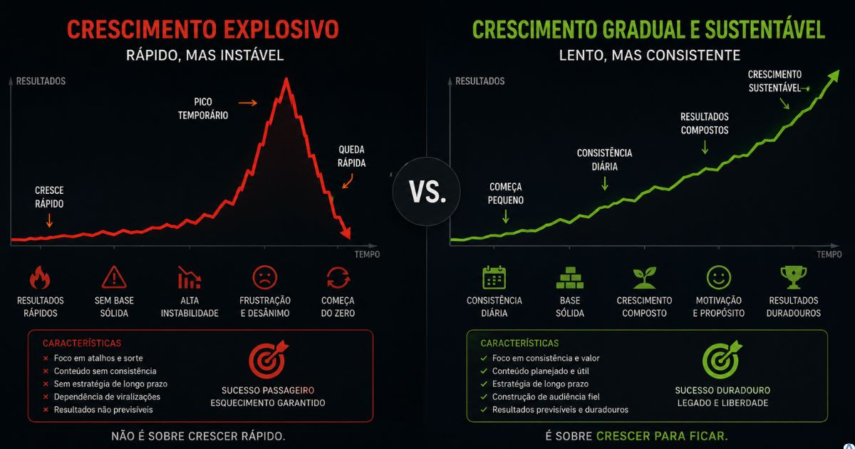 Comparação visual entre crescimento explosivo e crescimento gradual sustentável em um projeto digital