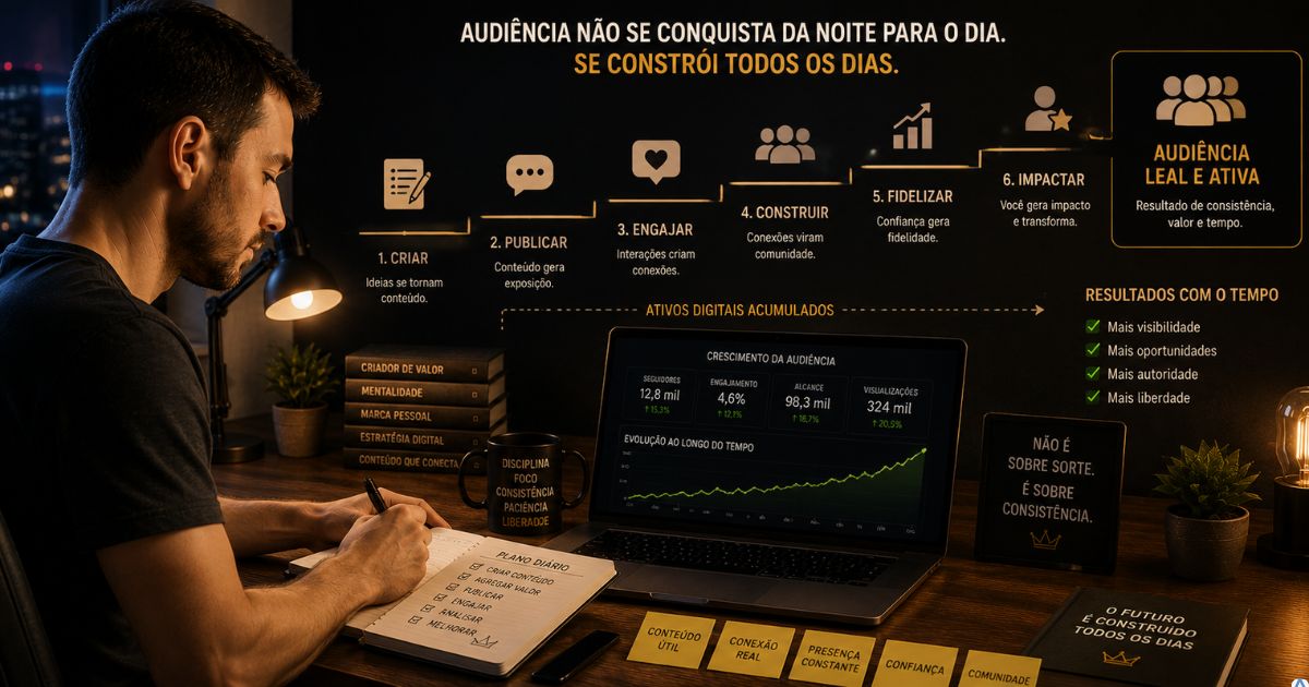 Pessoa construindo audiência aos poucos através de conteúdos consistentes e ativos digitais acumulados