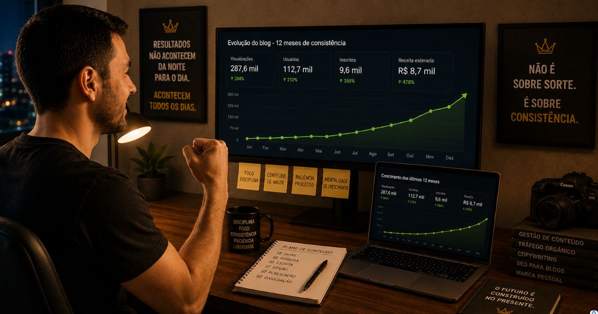 Criador satisfeito vendo evolução gradual de seu blog ou canal após meses de trabalho consistente e estratégico