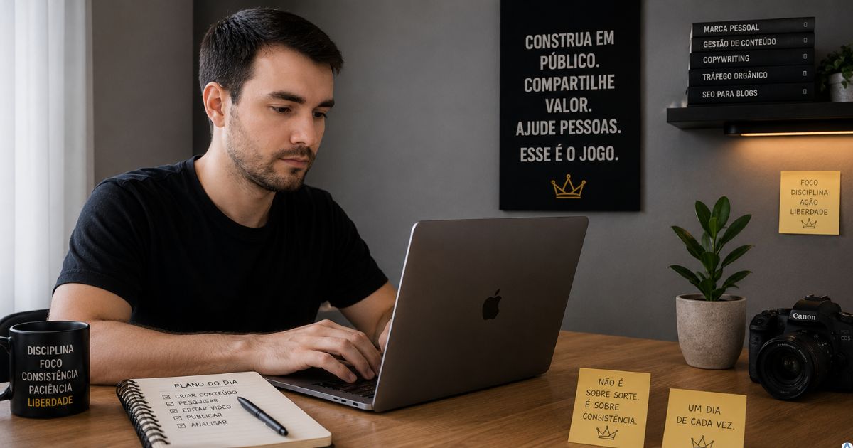 Criador de conte�do iniciante trabalhando em seu projeto digital com confian�a e autenticidade, construindo autoridade de forma consistente em ambiente profissional
