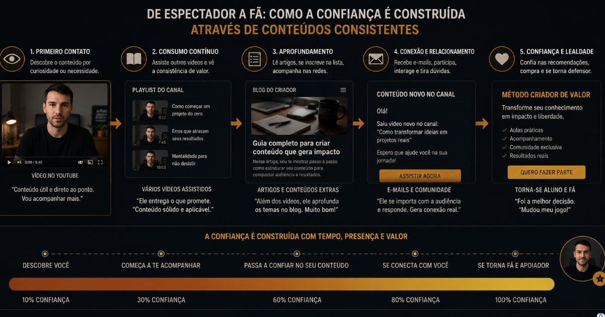 Pessoa consumindo diferentes conte�dos de um mesmo criador e desenvolvendo confian�a gradualmente ao longo do tempo