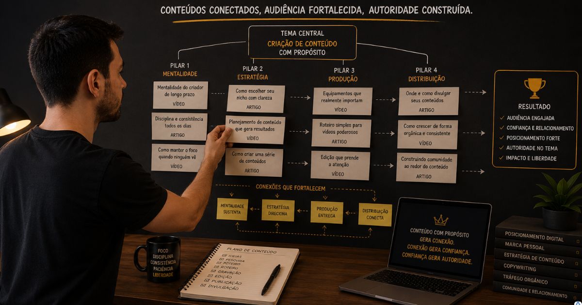 Criador organizando conte�dos conectados entre si, fortalecendo posicionamento e constru��o gradual de autoridade