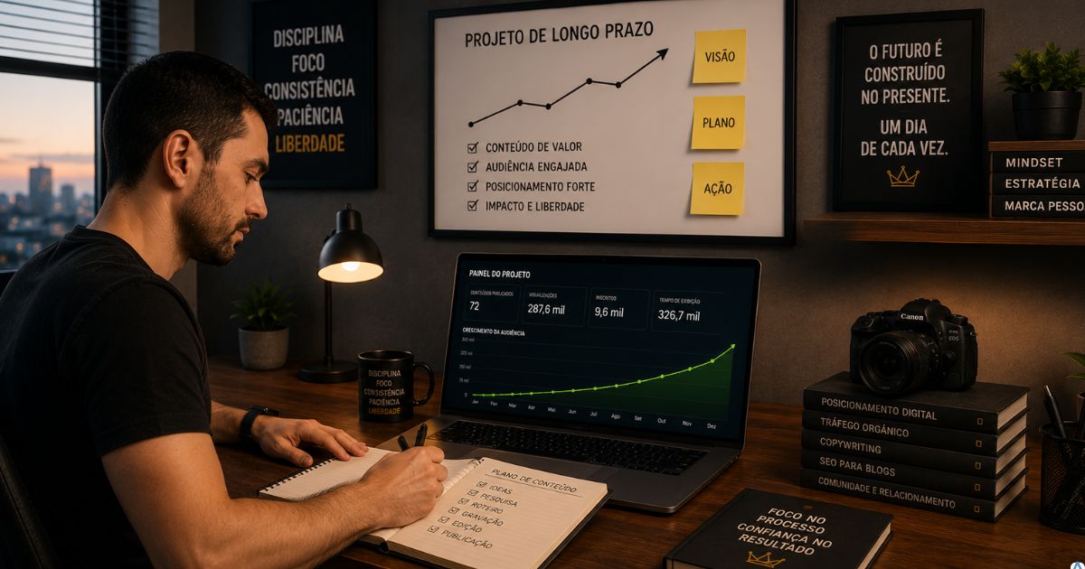 Pessoa trabalhando com foco em um projeto digital de longo prazo, demonstrando comprometimento, organização e visão de futuro em ambiente profissional