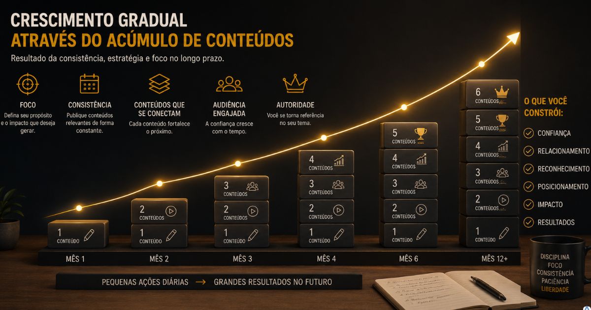 Representação visual de crescimento gradual através do acúmulo de conteúdos, mostrando evolução constante ao longo do tempo